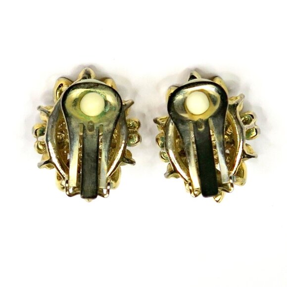 1960s-70s Gold-Tone Floral Rhinestone Clip-On Earrings Statement Jewelry - Picture 5 of 6